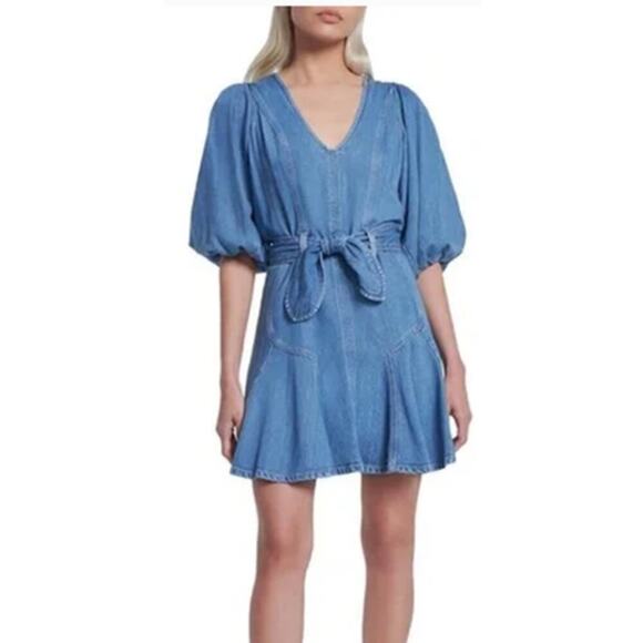 7 For All Mankind Puff Sleeve Denim Dress NWT L - Picture 1 of 11